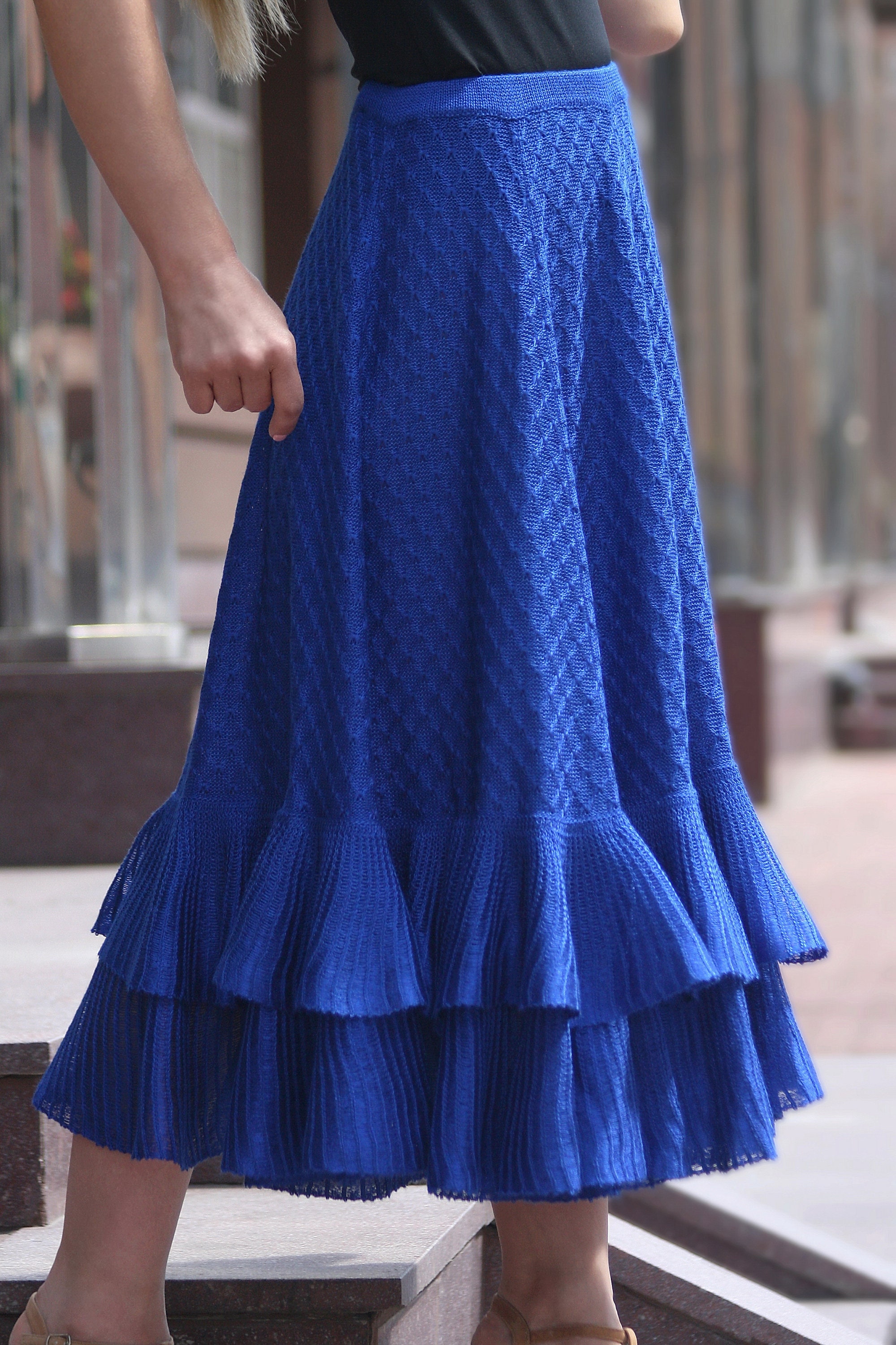 Royal blue ruffle skirt for women Knit midi skirt Silk circle Etsy