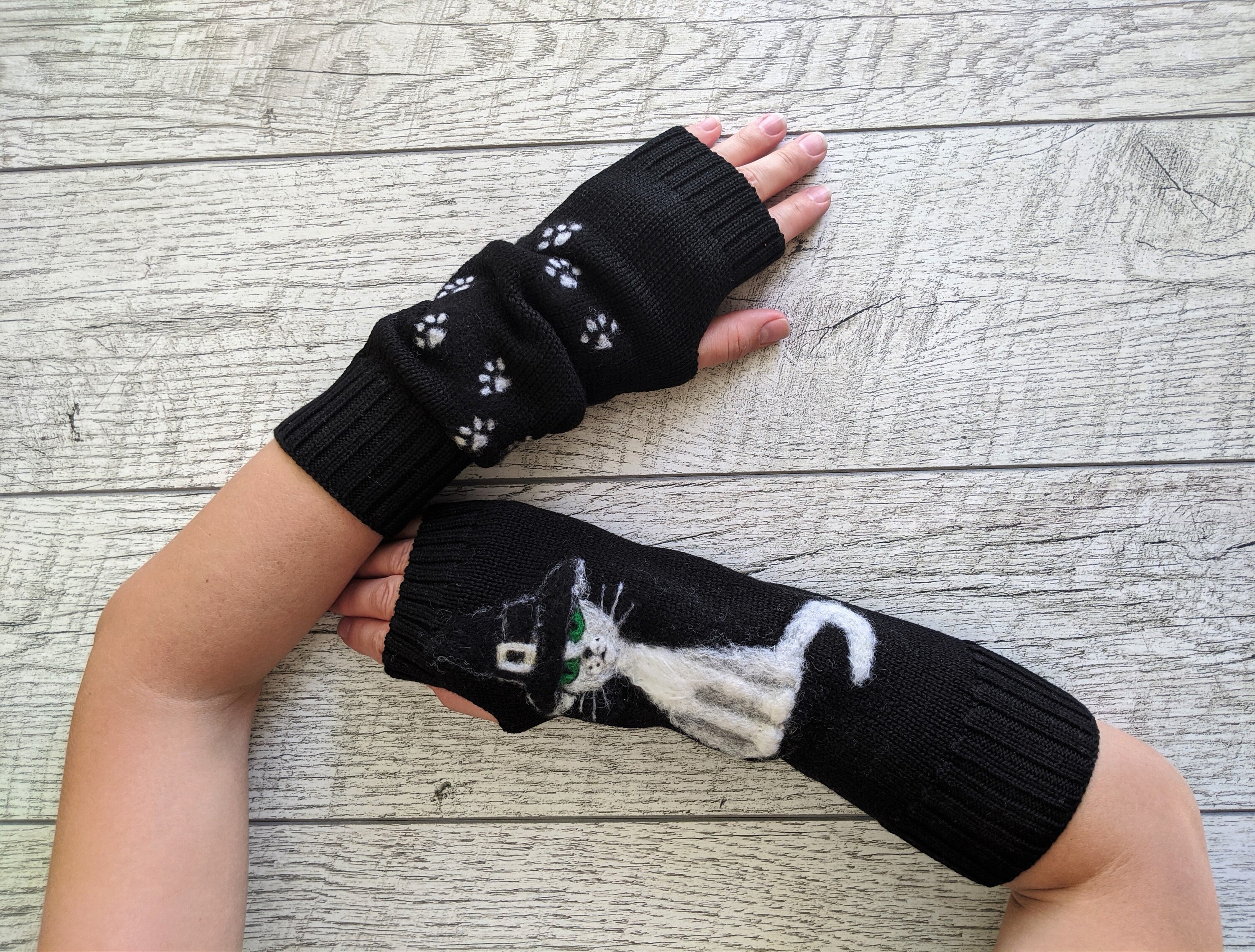 Black merino wool arm warmers Cat aesthetic fingerless gloves Etsy
