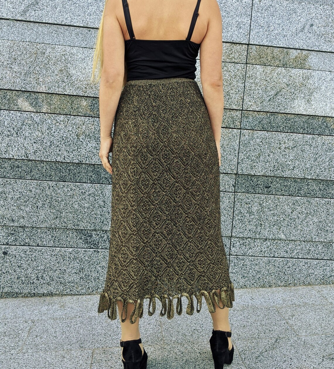 Gold midi skirt Women fringe skirt Lace skirt Etsy