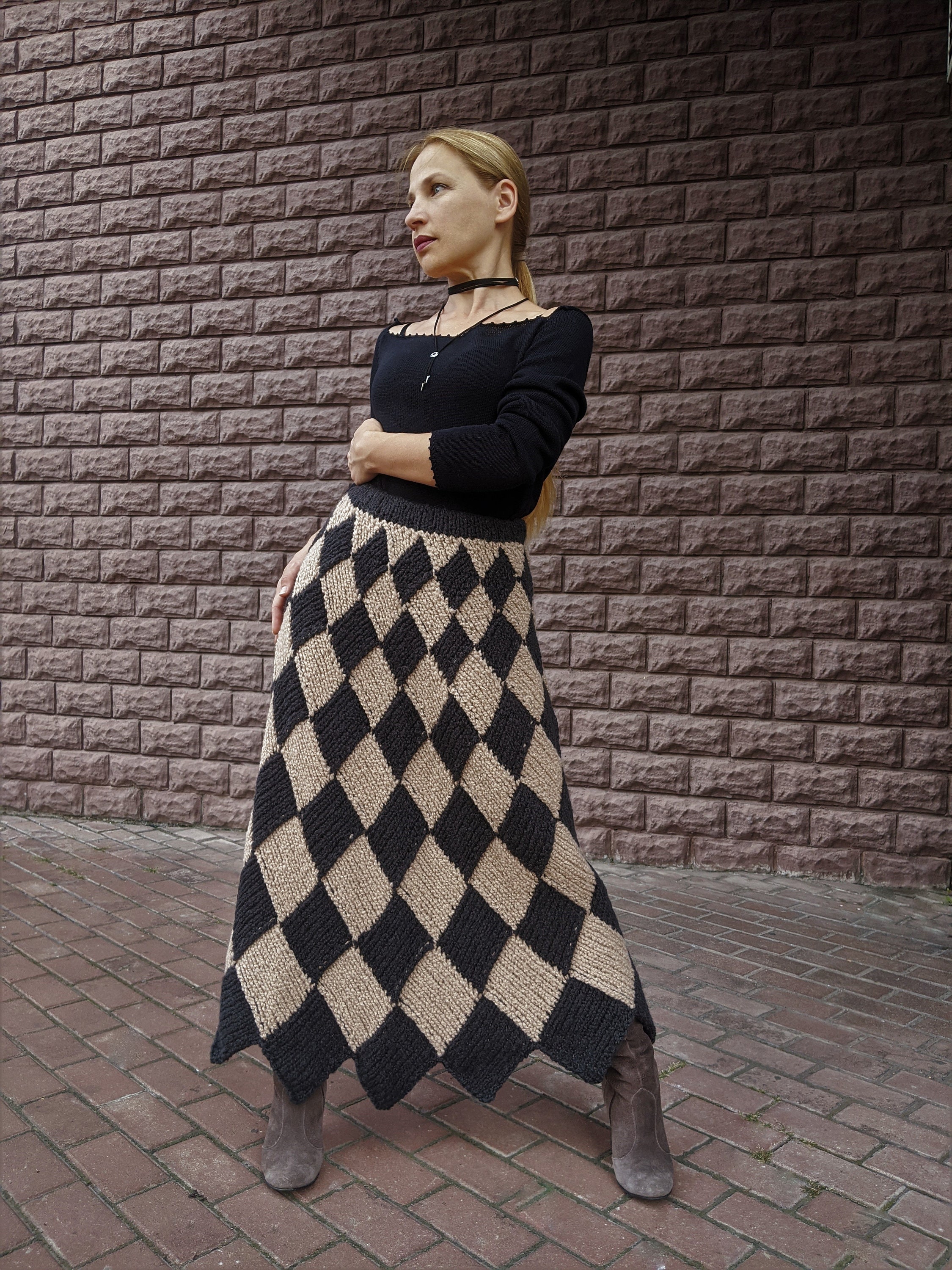 Wool checkered skirt Long knit skirt for women with elastic Etsy