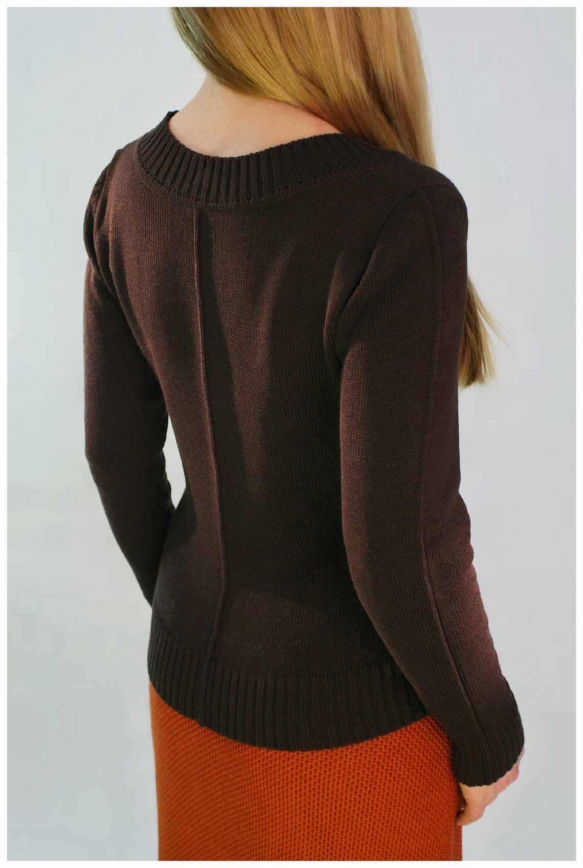 Cotton knit sweater Women crew neck sweater in brown and black Etsy