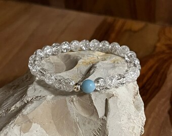 Bergkristall Perlenarmband gecrackt, mit Larimar und 925 Sterling Silber Perle, Handgefertigt, Naturstein