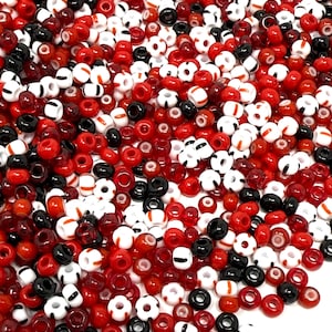 Red Mix Preciosa glass beads, 8/0, 10 g, 3 mm, red, white, black, striped mix
