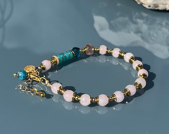 Bracciale in pietra preziosa di quarzo rosa, fatto a mano, pietra naturale, braccialetto Boho