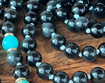 Wunderschöne Handgeknüpfte Obsidian Mala Halskette, 108 Naturstein Perlen, Gebetskette, Halskette, Unikat,Abnehmbare Quaste aus Sari Seide