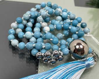 Larimar Mala Kette, 108 Naturstein Perlen, Gebetskette, Halskette, Handgeknüpft, Unikat