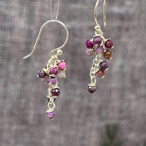 May include: A pair of dangle earrings with a silver hook and a cluster of pink, purple, and brown gemstone beads.