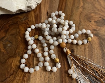 Equilibrio e stabilità, collana Mala in agata di pizzo, 108 perle di pietra naturale, perle di preghiera, collana, annodato a mano, unico