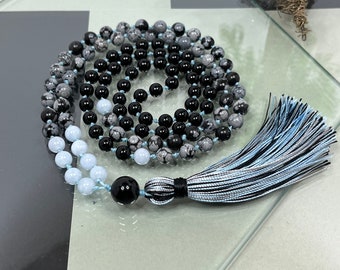 Aquamarin, Schneeflocken Obsidian, Onyx Mala Halskette, 108 Naturstein Perlen, Gebetskette, Halskette, Handgeknüpft, Unikat, Quaste