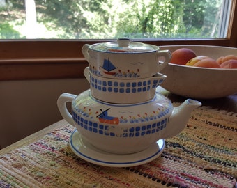 Stacked Vintage Teapot Sugar Bowl Creamer Blue Mill Japan Hand Painted Tulips And Windmill Very Fine Set