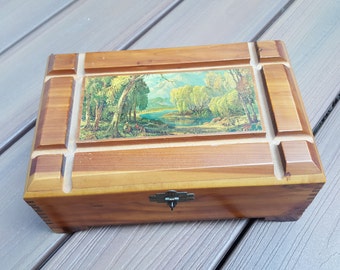 Wooden Storage Box Cedar with Mirror and Nature Mural on Top Dovetail Corners Chiseled Top