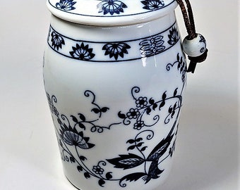 Ginger Jar Unusual Chinoiserie With Leather Strap and Bead Porcelain Vintage Stylized Floral Motif