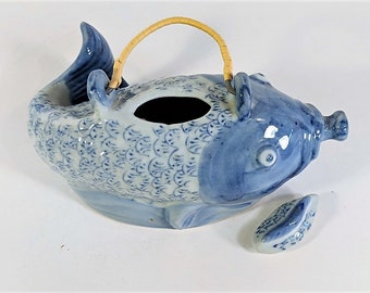 Chinoiserie Koi Pitcher Hand Painted With Lid and Cane Wrapped Handle Porcelain Asian Decor Vintage Blue and White Collectible