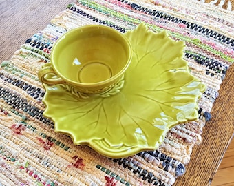 Woodfield Stubenville Ohio Snack Plates with Cups Three Sets Chartreuse Cabbage Leaf Plates Leaf Pattern Cups Pottery Snackware