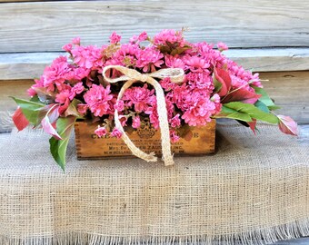 Wooden Cream Cheese Box with Fall Pink Mums Country Home Decor Vintage Dovetailed  and Greenery Handmade Flower Arrangement With Burlap