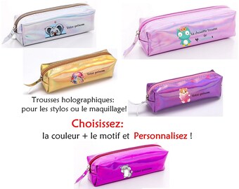 Trousse à crayons ou maquillage holographique prénom animaux kawaï koala hamster coeur cadeau enfant maitresse fete pere mere saint valentin