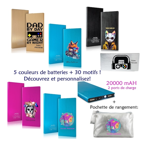 Batterie externe personnalisée power bank 20000 mAH rose bleu noir doré argenté samouraii papa manga rock dragon tigre