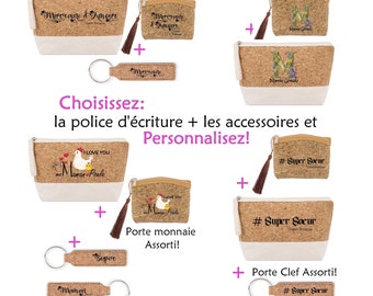 Pochette porte monnaie et clefs en liège maman mamie cadeau marraine soeur anniversaire love la meilleure mère  avec prénom trousse noel