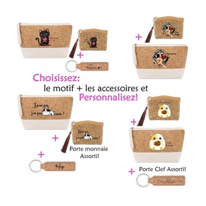 Pochette porte monnaie et clefs en liège avec motif kawaii hamster chat papillon tete de mort fée lion licorne avec prénom trousse noel