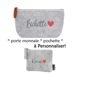 Pochette maquillage porte monnaie crayons en feutrine bichette baroudeuse coupine rêveuse prénom coeur rouge cadeau trousse organisation sac
