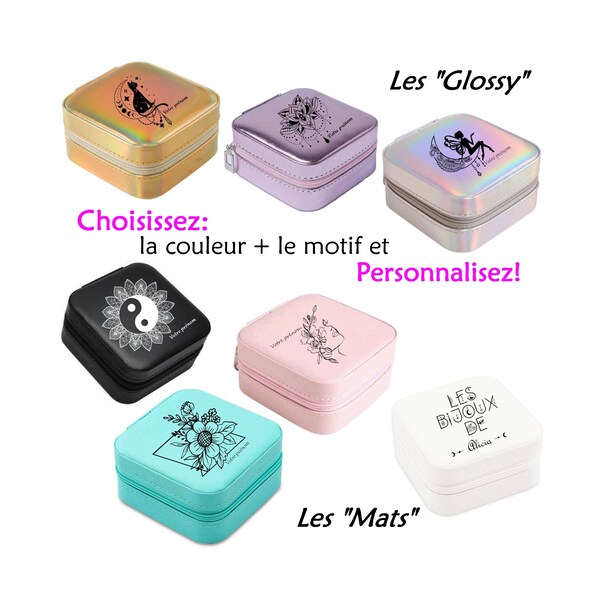 Boite à bijoux holographique ou mat prénom fleur chat fée lune mandala lion papillon coeur yin-yang line-art cadeau fete mere saint valentin