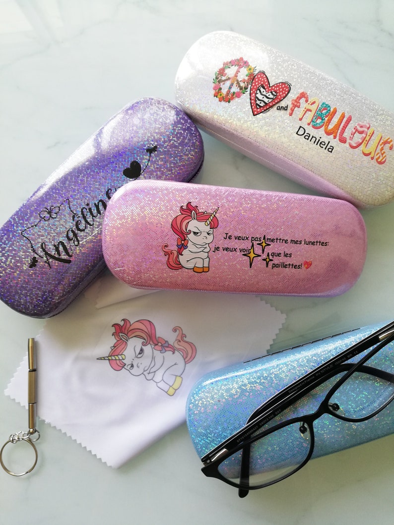 Etui à lunettes boite paillettes glitter prénom dreamcatcher plume chat coeur fleurs astro cadeau enfant maitresse fete mere saint valentin image 6