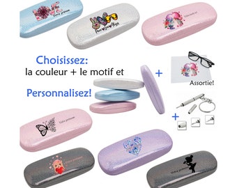 Etui à lunette boite paillettes glitter coeur chat calavera bouddha lutin fée plume van cadeau enfant maitresse fete mere saint valentin