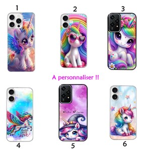 May include: Six phone cases with unicorn designs. Each case displays a unique unicorn illustration with rainbow manes, wings, and accessories. The cases are in various colours, including blue, pink, and purple. The text "A personnaliser !!" is visible.