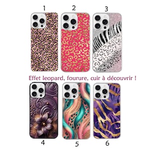 Op de afbeelding: Een verzameling van zes telefoonhoesjes met diverse ontwerpen. De hoesjes hebben patronen zoals luipaardprint, zebra strepen en abstracte kunst met gouden accenten. De hoesjes zijn in tinten roze, paars en turquoise.