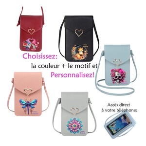 Bolso para teléfono con cordón ajustable, diseño bohemio, con diseño de mariposa, luna, tatuaje de calavera y nombre, personalizable