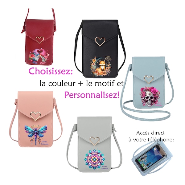 Sacoche à cordon tactile pour téléphone boho plume papillon lune tatoo calavera sac en bandoulière personnalisable prénom