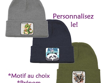 Bonnets hiver chaud personnalisable avec motif kawaii anime dino samouraii panda licorne cheval tigre calavera et prénom cadeau anniversaire