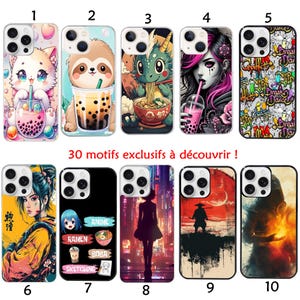 May include: A collection of ten phone cases with various designs. The cases feature illustrations of a cat, sloth, dragon, anime girl, graffiti art, and a silhouette. The cases are in various colors and styles.