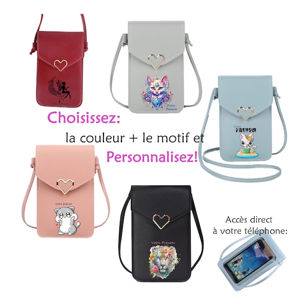 Sacoche à cordon tactile pour téléphone chat tigre fée coeur line art papillon sac en bandoulière personnalisable prénom