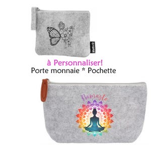Pochette maquillage porte monnaie crayons en feutrine bouddha papillon lion namaste zen yoga cadeau organisation makeup voyage avec prénom
