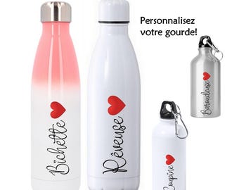 Gourde prénom personnalisée coeur bichette baroudeuse boudeuse rebelle coupine rêveuse poulette avec votre prénom ou mot isotherme tie dye