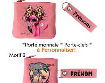 Pochette porte monnaie clefs rose prénom initiale kawaii licorne chat papillon lapin koala animaux pour cadeau enfant anniversaire noël