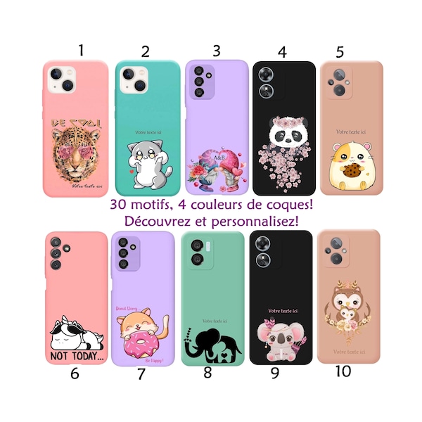 Coque + cordon A16 A17 A77 A54 A94 A74 5G Reno 8 Lite kawaii chat licorne panda hamster chouette koala tigre lutin lapin coeur love prénom