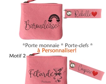 Pochette porte monnaie clefs rose prénom texte copine maman mamie soeur marraine fée coeurs corean heart pour cadeau fête anniversaire noël