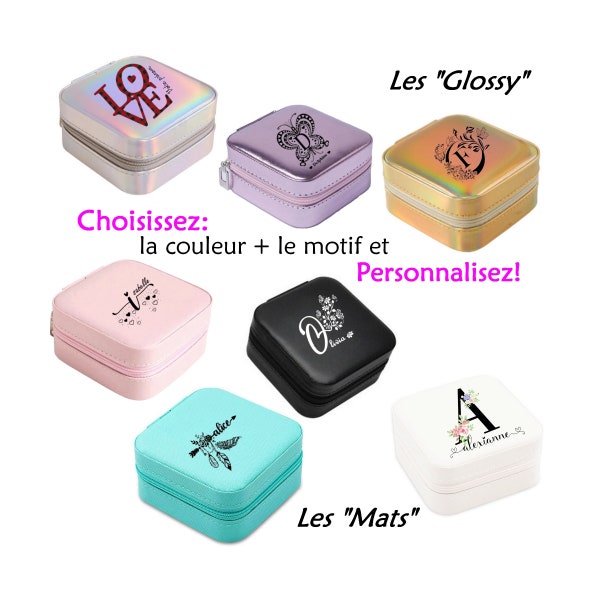 Boite à bijoux holographique ou mat prénom initiales fleur plume love papillon coeur chat cadeau fete mere saint valentin maitresse voyage