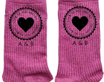 Chaussettes à paillettes personnalisées prénom date couple celibataire copine amie cadeau saint valentin  coeur korean heart ange mignon