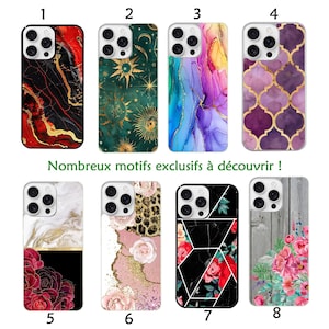 May include: Eight different iPhone case designs featuring various patterns and colors. The designs include marble, geometric, floral, and wood grain patterns. The text "Nombreux motifs exclusifs à découvrir!" is displayed below the cases.