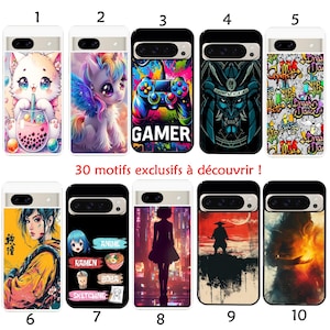 May include: Ten different phone case designs. The designs include a unicorn, a gamer controller, a samurai, a cartoon character, a boba tea, a girl with a sword, a girl in a city, a samurai in a sunset, and a fire dragon. The text "30 motifs exclusifs à découvrir!" is at the bottom of the image.