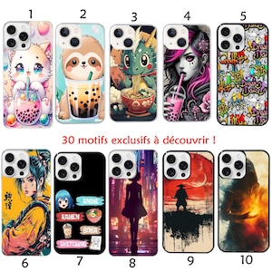 Può includere: Dieci diversi design di cover per telefono che presentano varie illustrazioni. I design includono un gatto dei cartoni animati, un bradipo, un drago, una ragazza con i capelli lunghi e neri, un design graffiti, una ragazza con un gatto, una ciotola di ramen, un tè boba, una ragazza in una città e un samurai.