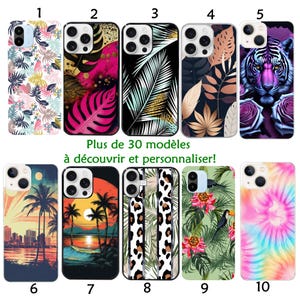 Könnte beinhalten: Zehn verschiedene Handyhüllen-Designs mit verschiedenen Mustern und Bildern. Die Designs umfassen tropische Blätter, einen Tiger, einen Sonnenuntergang, ein Batik-Muster und mehr.