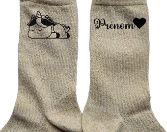 Chaussettes à paillettes personnalisées prénom tete de mort calavera boho plume licorne panda papillon chat lion yoga namaste bouddha coeur