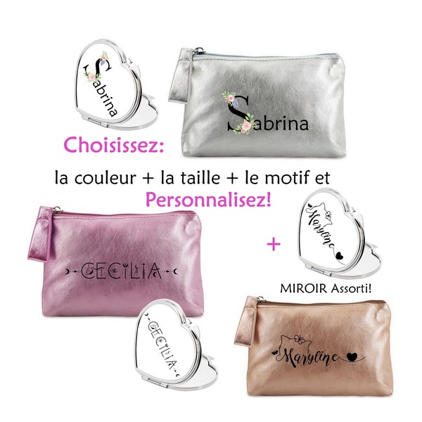 Pochette maquillage crayons monnaie miroir prénom fleur coeur chat licorne astro cadeau enfant trousse maitresse fete mere st valentin noel