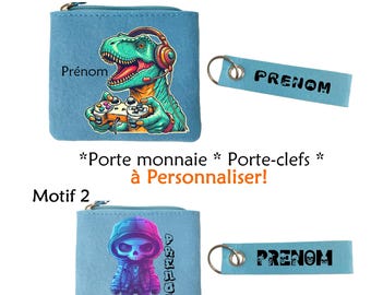 Pochette porte monnaie clefs avec prénom initiales dinosaures gamer tete de mort samouraii japan anime  cadeau enfant anniversaire noël