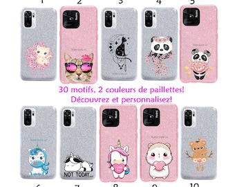 Coque paillettes + Cordon Redmi 10C 12C Note 10 10s 11 11s 12 en 4G 5G PRO chat panda licorne lapin hamster kawaii personnalisé coeur love