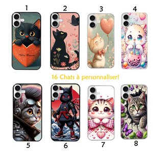 May include: Collection of eight phone cases featuring cat-themed designs. Each case showcases a different cat illustration, including a black cat with a heart, a ninja cat, and a cat holding a balloon. The cases have various backgrounds and styles.